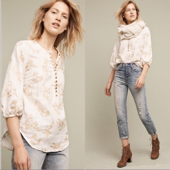 Anthropologie Tops - Anthropologie Floreat Atley Metallic Floral Embroidered Peasant Top Blouse Sz S